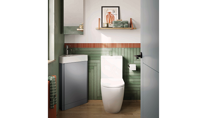 Designed to maximise every inch of space in compact en suites, HiB’s Rivus corner cloakroom range comes in three finishes, including Dusky Blue, pictured. Floorstanding to maximise storage for bathroom essentials, it has a soft-close door