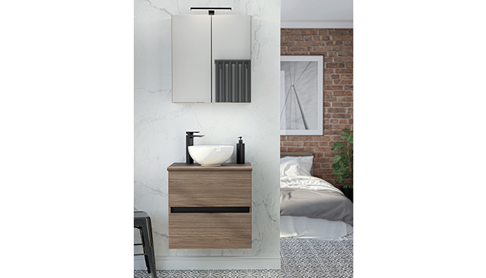 Utopia’s award-winning, flexible Qube bathroom furniture range includes this handleless wall-mounted unit in Sorrento Walnut. It comes in a 400mm width and 205mm depth to suit smaller cloakrooms and en suites