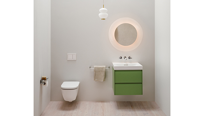 According to Laufen, there is a growing trend in en suites for wall-hung vanity units and WCs, which can help to make the room seem larger. Seen here is the two-drawer 600mm Meda vanity unit in Sage Green with crisp white basin