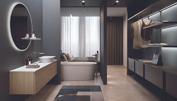 The RAK-Valet range from RAK Ceramics offers a complete solution for en suites with washbasins, baths and WCs available in matt and glossy finishes. It is seen here with the RAK-Joy Uno mirror