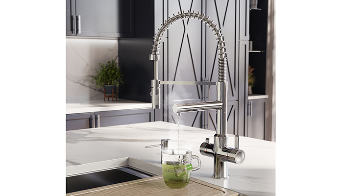 The Pro Flex boiling hot water tap from Wödår is a 3-in-1 filtered water tap that provides standard hot and cold mixed water through a dual spray flex hose system and pure filtered boiling water from a separate spout. Since the 2023 launch, the taps have been updated with an exclusive knurl detail on both handles and boast an exclusive Wödår child safety button