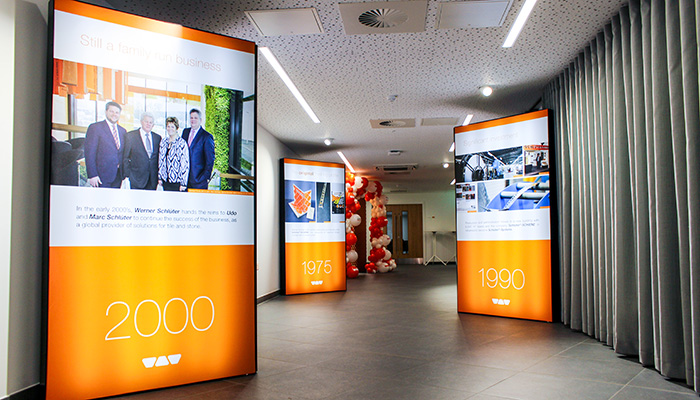 The entrance to the showroom features a timeline, highlighting key milestones in the company’s history back to 1966