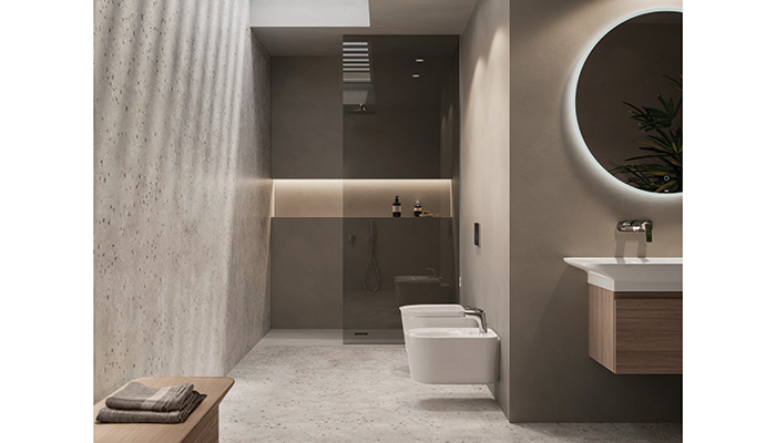 RAK Ceramics has its own range of concealed flushing and fixing systems, complete with flush plates that are designed to work hand-in-hand with its range of wall-hung WCs, back to wall WCs, and bidets called RAK-Ecofix. The system neatly fits behind the wall and is shown here with the contemporary RAK Valet collection