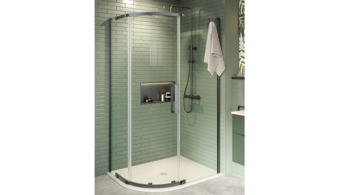 This corner shower unit from Crosswater includes colour-matched accessories to the brassware; a fold single over-shower hook in slate and shower niche 610 x 305mm with LED light strip in brushed stainless steel creating a fully co-ordinated contemporary accessible bathroom