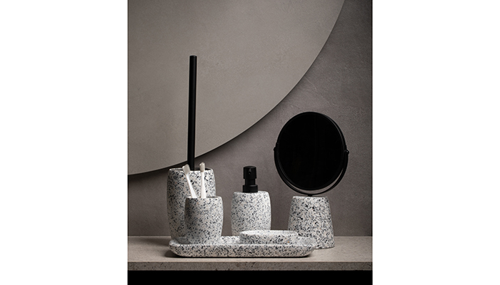 BagnoDesign has introduced 5 new freestanding products to The Teatro Accessory collection; a soap dispenser, tumbler, tray, soap dish, magnifying mirror and a toilet brush and holder all in a stunning Terrazzo design with Matt Black features