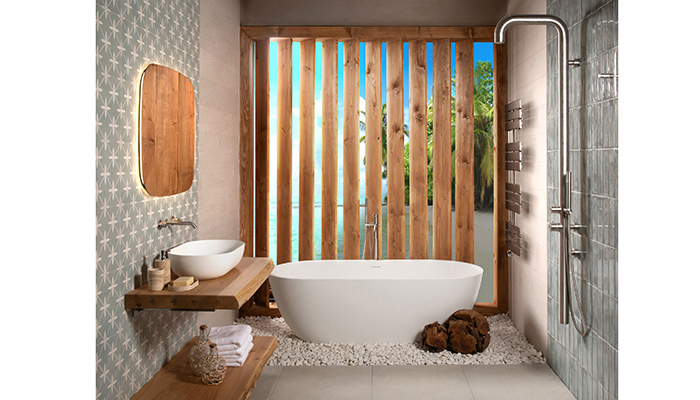 Beach House by BAGNODESIGN utilises stone composite basins and bathtubs alongside teak furniture to help designers create a spa bathroom experience inspired by natural elements