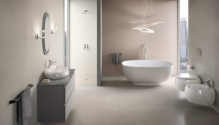 The designer RAK Cloud collection from RAK Ceramics features fluid lines inspired by geometric swirls to evoke a sense of serenity and calm in spa-style bathrooms