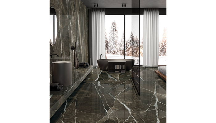 FMG Calacatta MaxFine porcelain tile with a touch of sparkle in selected veins, thanks to its Jewel finish