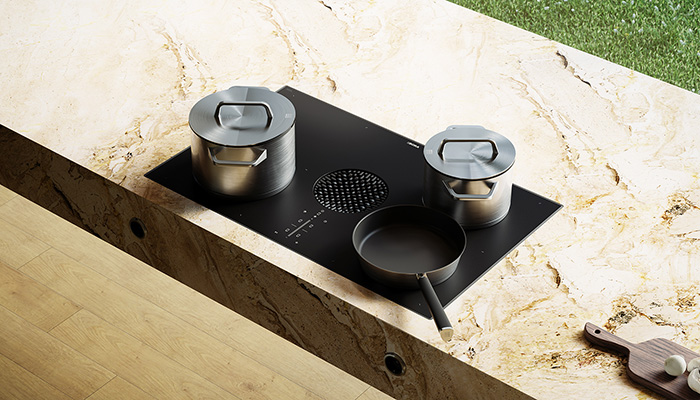 The BORA X Pure has an extra-large surface induction cooking zone measuring 230 x 230mm or 230 x 460mm with automatic pan size recognition and touch control panel with Bora Pots and Pans Assist range including Fry and Boil