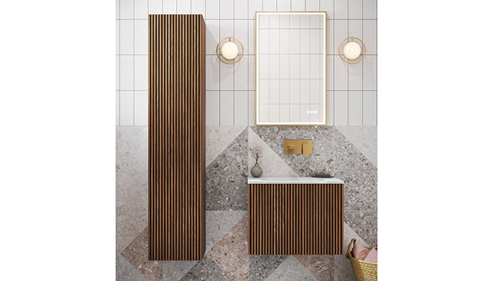 Crosswater’s Limit vertical slatted wall-hung tower unit in Royal Walnut is handleless, with a push-to-open door function. The door and bathroom cabinet can be installed either as a left-handed or right-handed option that can be easily adapted to any layout