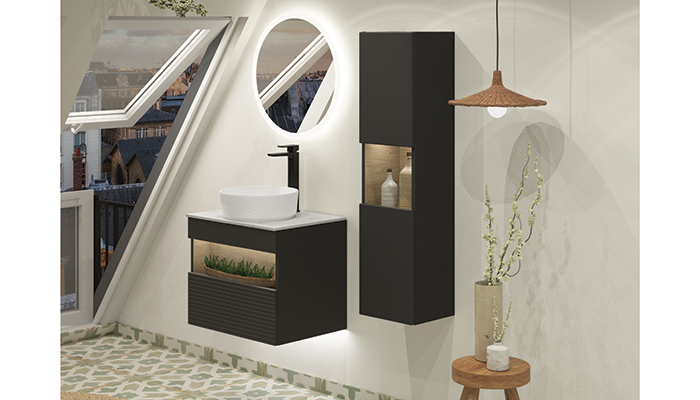 This stylish modular bathroom furniture from Atlanta is from their Calibre range in Midnight Mist with an oak interior featuring a fluted horizontal drawer design and illuminated open shelf.  Available in a wide choice of  sizes, door/drawer options and finishes allowing designers the flexibility to tailor the look to suit their customers taste