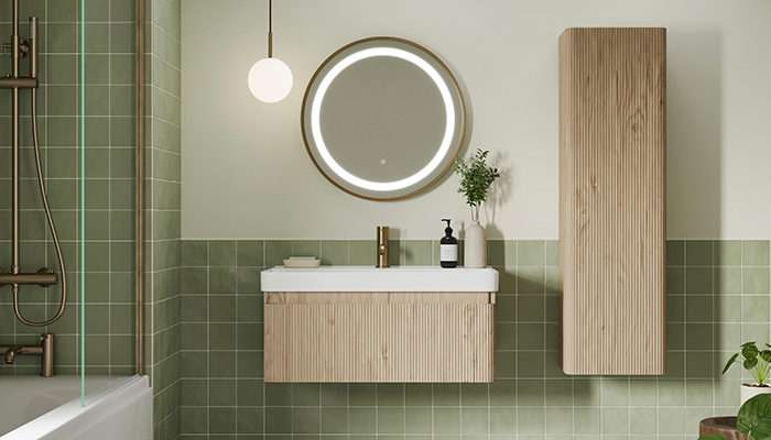 The Kuba wall-hung modular furniture range, from Bathrooms to Love by PJH is made in a vertical ribbed, textured oak finish in a handleless design creating a softer natural feel in the bathroom. The vanity unit includes a generously sized white ceramic basin