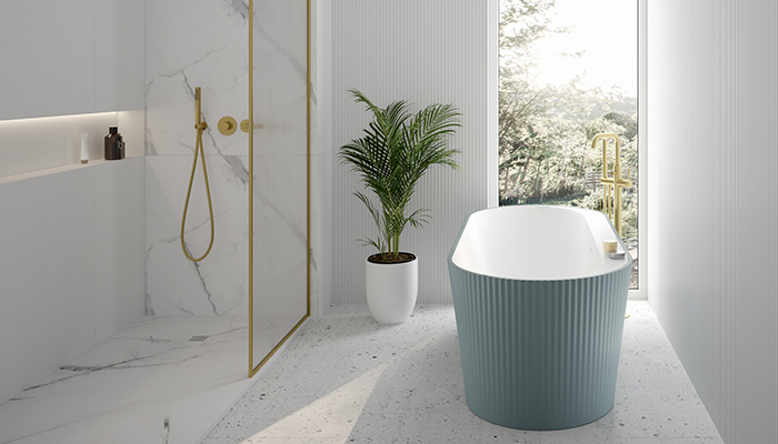 These standout pieces from Sonas are the Reed freestanding fluted bath and the Mirage wetroom panel, which is 800mm wide and 2000mm high with vertical fluting that adds texture and depth to a wetroom space