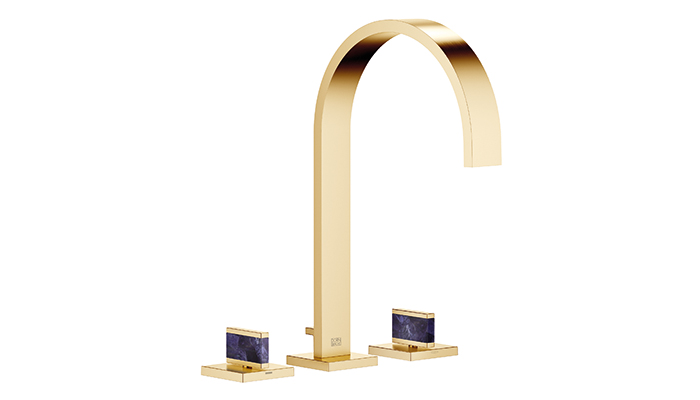 Dornbracht X-tra Service MEM mixer in Brushed Durabrass with Nature Squared mussel shell Gaya Blue handles