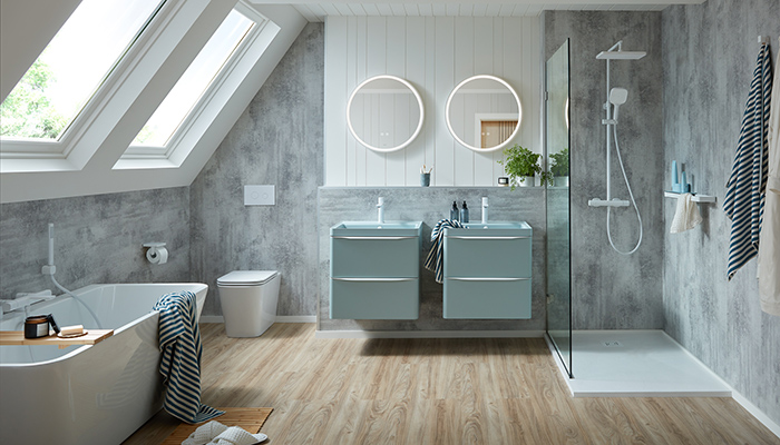 Cameo vanity units come in floor standing and wall-hung versions in four sizes. This two-drawer unit is pictured in Cove Blue with a matching inset basin and matt white brassware