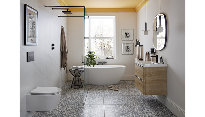 As well as furniture and brassware, Cameo also includes sanitaryware. Pictured is the ceramic round wall-hung toilet, 800mm vanity unit in Natural Oak with matt black brassware and accessories