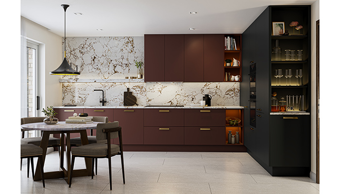 From PWS’ extensive portfolio, this Unity kitchen is seen here in a striking combination of Onyx Nero and Bordeaux