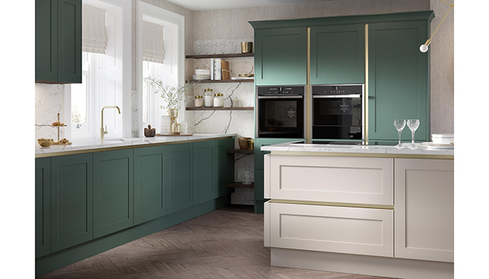 Hunton Handleless Kitchen in Copse Green and Cashmere