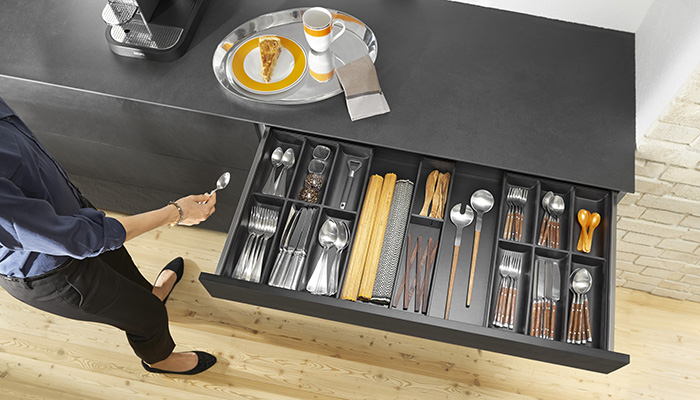 The Blum Ambia-Line internal storage solution for any deep drawers keeping crockery and cutlery organised should, ideally positioned near the sink and dishwasher, not near the cooking zone or under the hob