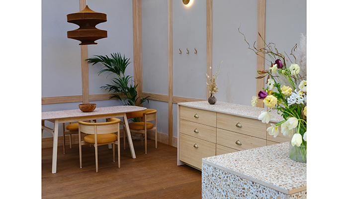 Blush London Plane and Ivory Oak Timber Terrazzo worktops and table with walls in Pewter No Chip, Foresso