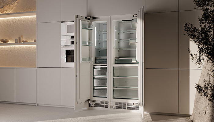 The premium America-style K-Series refrigerator from Küppersbusch is E rated for energy and has an eco mode and holiday functions with 185 kWh yearly energy consumption and ‘Blue Light’ technology for the ultimate food preservation