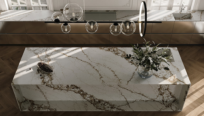 CRL Stone’s Pantheon Bronze is one of the latest additions to its Quartz collection. Featuring bold bronze veining on a crisp white background, it offers a contemporary take on marble-inspired aesthetics. It’s durable,  and resistant to scratches and stains making it a practical choice for active households