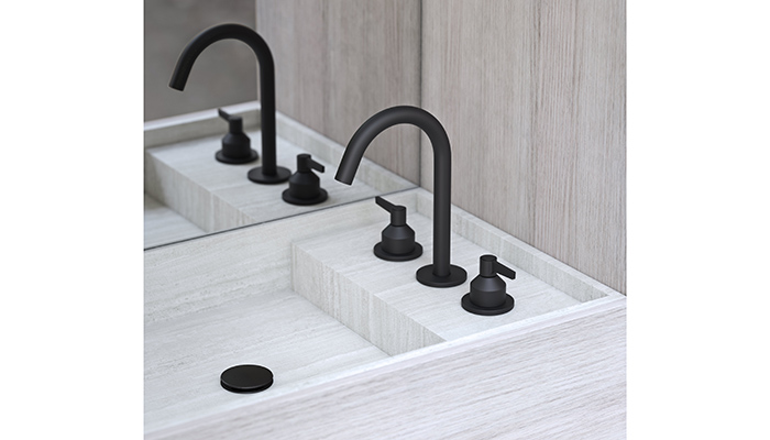 This illustrates the Folio’s modular components with Matt Black levers and swanneck spout for an industrial feel to a bathroom design. There are 3 base components available; Pyramid for a structured silhouette, Dome with a rounded base, and Chamfer for an edgier look