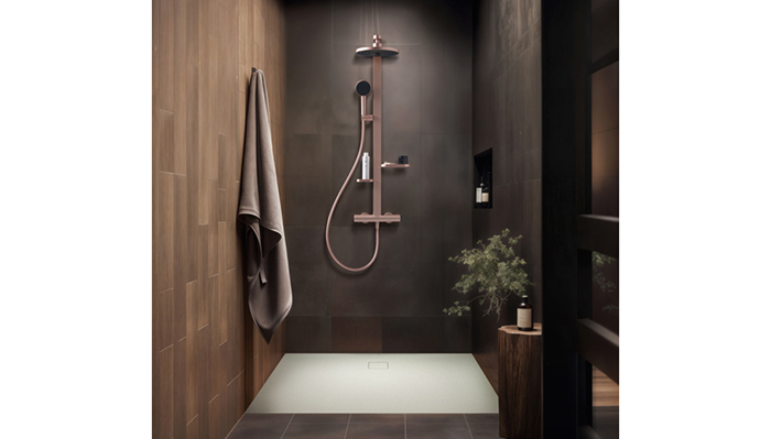 The Ideal Standard Ceratherm Alu+ Silk Black exposed thermostatic shower system in a low-sheen black finish is made from high-quality, recyclable aluminium that is free from chrome, lead, and nickel, and contains 84% recycled content