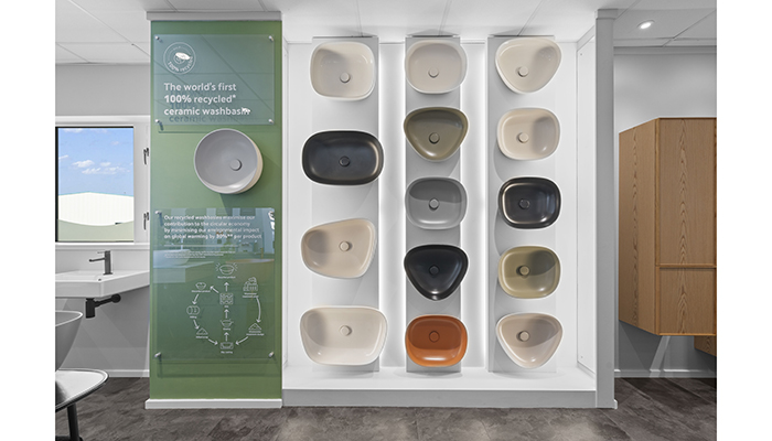 VitrA’s range of countertop washbasins are prominently displayed, including their award-winning recycled washbasin