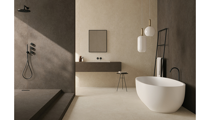 Terra di Matera and Saturnia create a calming neutral backdrop for this spa-inspired bathroom