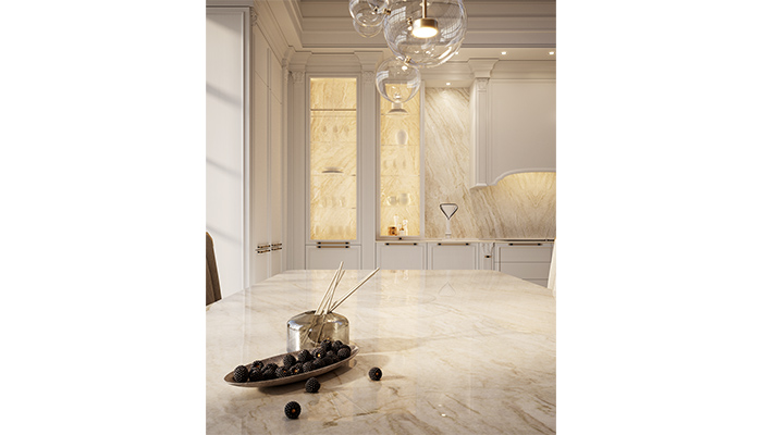 Taj Mahal also part of Laminam’s Naturali Collection – Available from June 2025 with the DNA Finish available shortly after launch. This close-up shows off its beauty as brown and beige veins sweep over its soft, creamy background