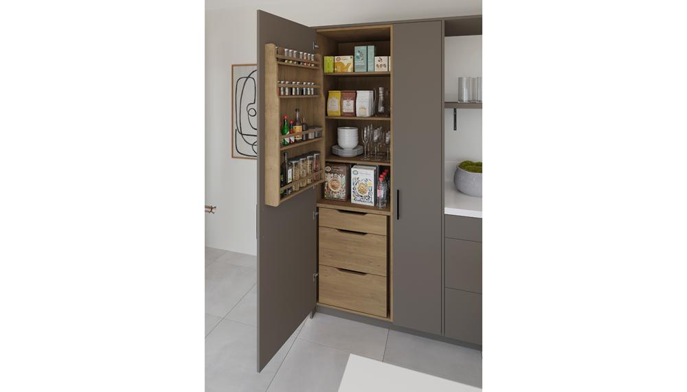 Crown Imperial&rsquo;s 600mm Uno pantry styled in Mocha works perfectly at the end of a run of units. The interior layout features a mix of open shelving and drawers for a clutter-free feel. It is available in a 900mm and 1000mm unit