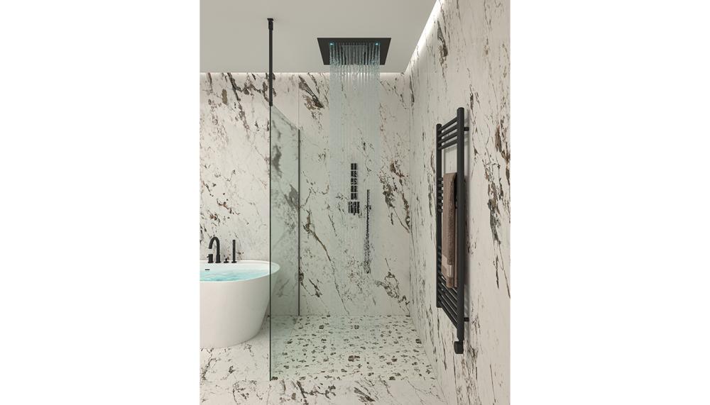 Designed for relaxation and rejuvenation, the BAGNOSPA 4 Function Shower Head from BagnoDesign has four functions: waterfall, spray, rain curtain and rain and comes with RGB LED lights