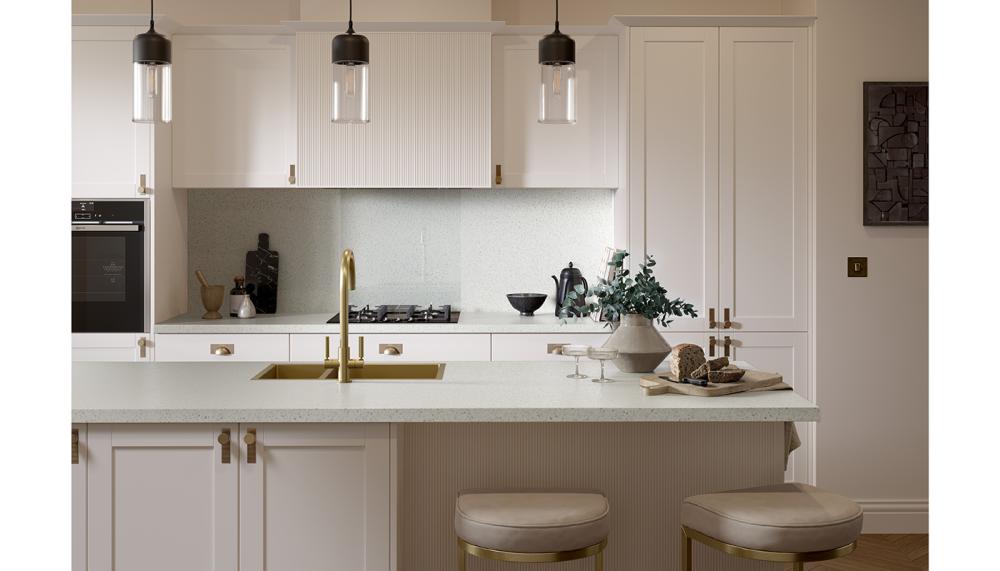 All Omega worktops come with a lifetime guarantee. Pictured is Modern Strass Blanc which has a gloss, stone-effect finish