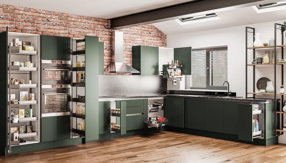 Kesseb&ouml;hmer comprehensive storage solutions from PWS include a range of 150mm to 400mm pull-out base units, corner units, 300mm larder units and swing-out options to create an efficient and ergonomically designed kitchen
