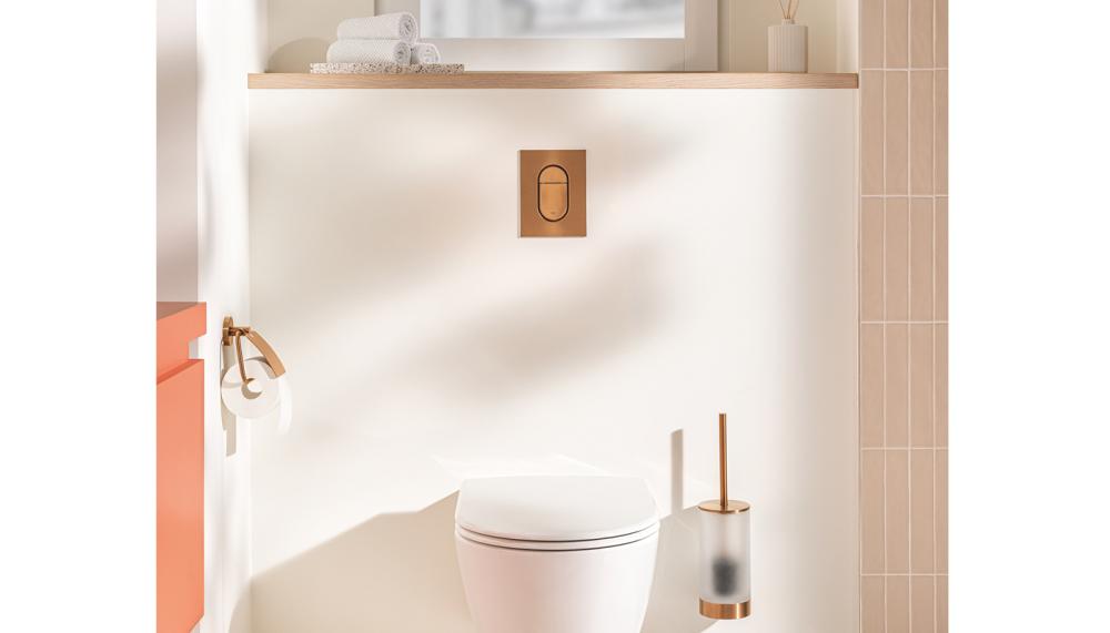 Designed with style and water consumption in mind, Grohe’s Arena Cosmopolitan flush plate comes in a range of finishes, including Brushed Warm Sunset, pictured, and features the brand’s EcoJoy flush technology to reduce water consumption by up to 50%
