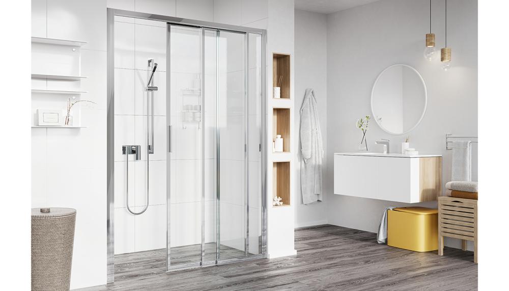 Offering a breakthrough in accessible showering, the new Haven Access 3 Panel Sliding Door in Polished Chrome from Roman has no bottom rail or threshold, while the sliding panels offer wide openings to provide easy wheelchair access if required