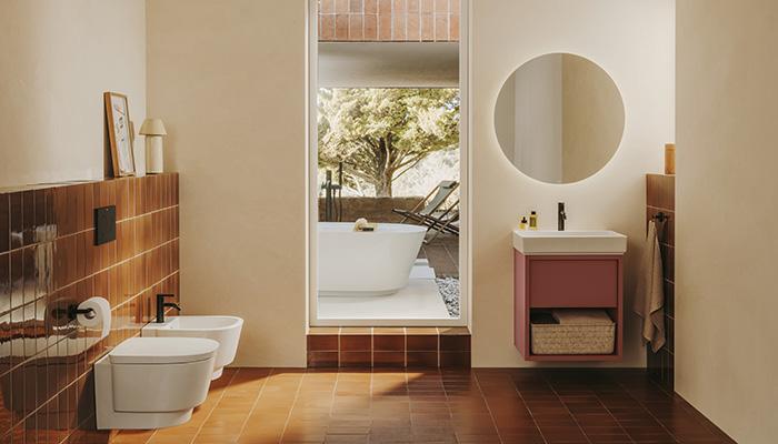 The warm shade of Light Terracotta is featured on the Tura vanity units