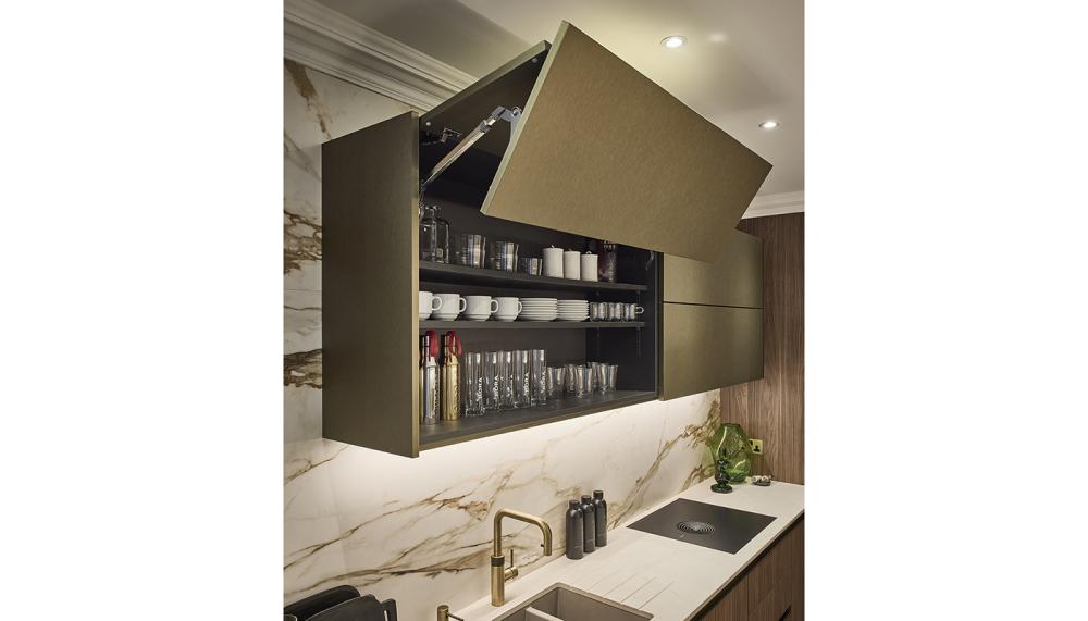 Grid Thirteen's new SieMatic kitchen display shows contrasting materials and finishes. Photo credit: Andy Haslam