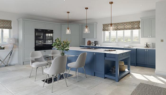 Crown Imperial's Verona is an elegant slim Shaker collection, with a subtle step in the frame to create a statement feel – it's shown here  in a two-tone woodgrain kitchen, featuring the new painted complementary colours of Dove Grey and Marine