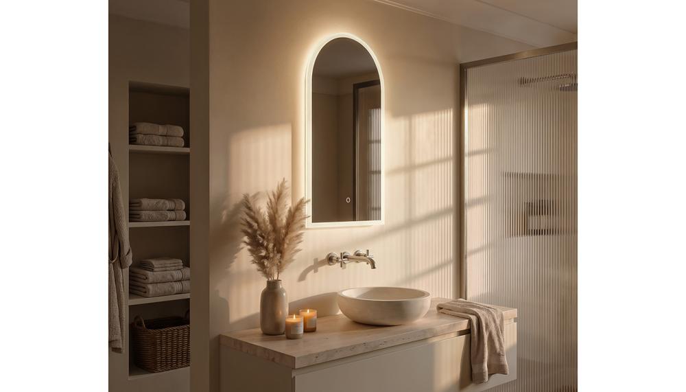 Cleo Arch 50x90cm Front-Lit mirror. Pre-order for December 2026
