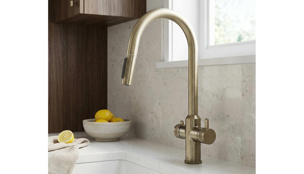 Highly commended at the Ideal Home Awards 20206, Wodar&rsquo;s Design+ Pro-Pull 4-in-1 tap with a pull-out dual-spray head, delivers hot, cold, filtered and instant boiling water. Available in 8 finishes, including brushed brass, gun metal grey, dark brass and matt black