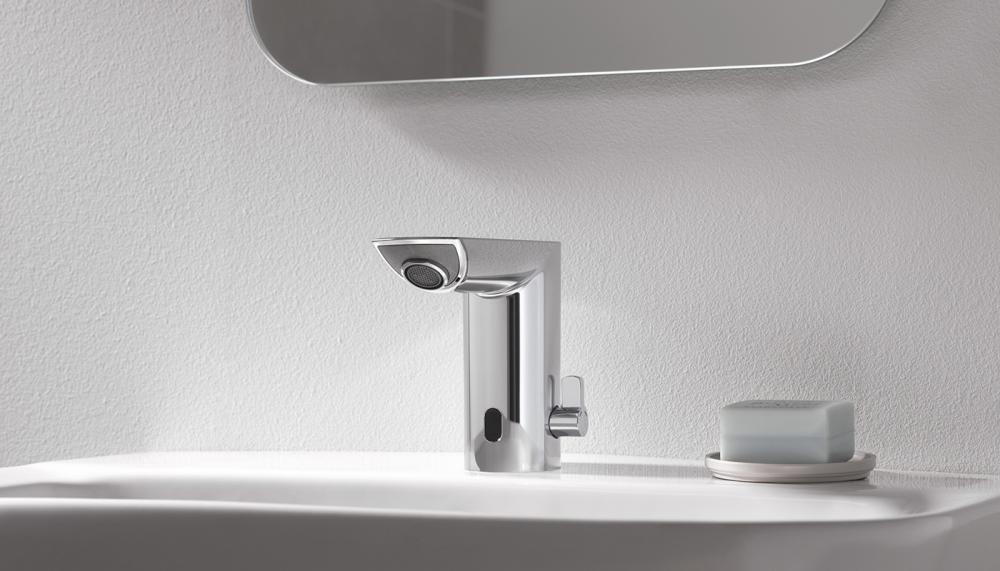 Easy for all to operate, Grohe&rsquo;s Bau Cosmo E sensor-activated tap, pictured here in Chrome, features touch-less technology that detects hand movement to dispense water as and when required. An eco-friendly solution, it features the company&rsquo;s EcoJoy technology to limit water flow to 5.7 litres per minute
