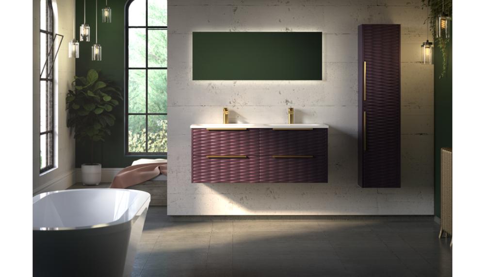 Described by Utopia as its most ‘ambitious modular furniture collection yet’, HeyU comes in 4 styles: Smooth, Linear, Wave and Ripple, and 14 finishes. Seen here is the Wave twin washbasin unit and tall unit in Iridescent Claret