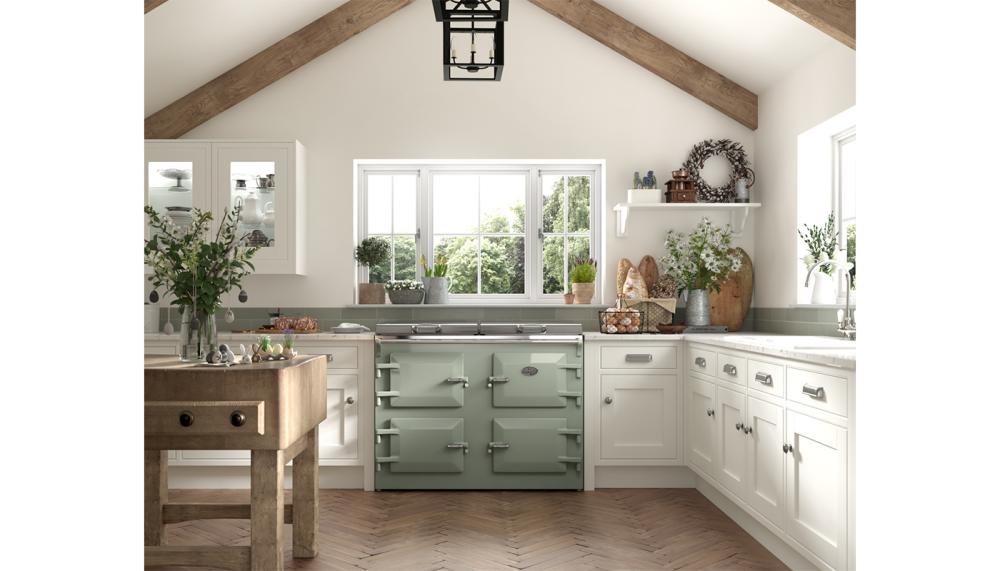 The Everhot 120 series in Sage adds to the organic palette in this country kitchen