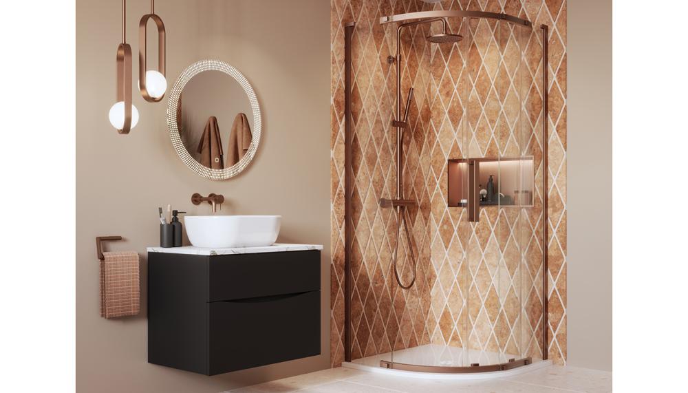 Crosswater’s niche range includes fully insulated, flush-fitting units available in square and rectangular formats, with a choice of depths rather than a one-size-fits-all option. This shower niche is 610 x 350mm in Brushed Bronze with LED lighting