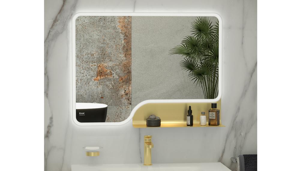 Incorporating LED lighting with touch control technology, the RAK-Ornate mirror from RAK Ceramics provides excellent task lighting and can also create a soothing ambience. Available in four finishes of Matt Black, Chrome, Brushed Nickel and Brushed Gold, pictured, it also features an integrated storage shelf
