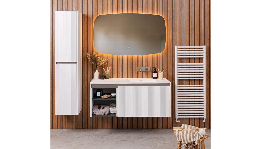 Combining open and closed storage, the award-winning Stratto bathroom furniture collection from Tissino comes in 5 finishes, including Matt White pictured. Available in left- and right-hand configurations, this vanity unit also has a hidden internal drawer to maximise usable storage space