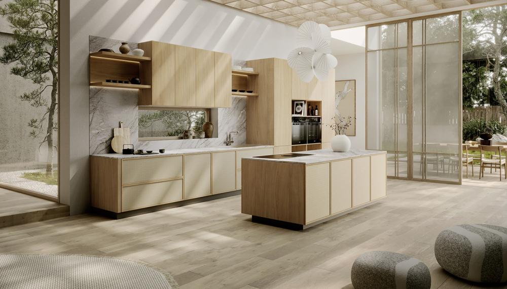 Organic textures and clutter-free surfaces create an airy and tidy space in this kitchen showcasing Leonora Fabiola from Sachsenküchen