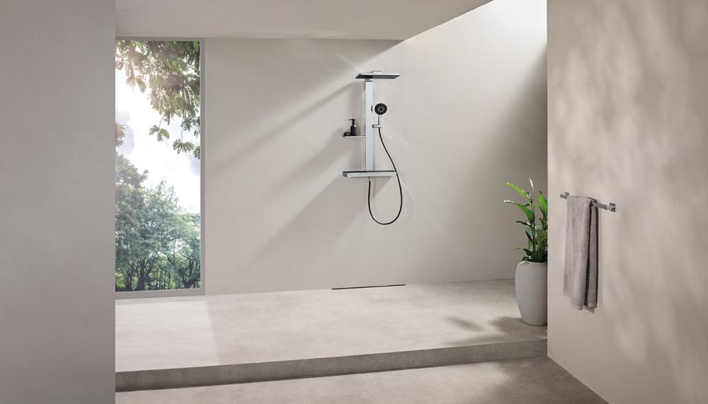 Health and wellness are promoted by Grohe’s Rainshower Aqua Pure shower system which features a filter function that is designed to protect skin and hair from chlorine and other impurities in the water. It is available with round or square headshowers and in a variety of finishes